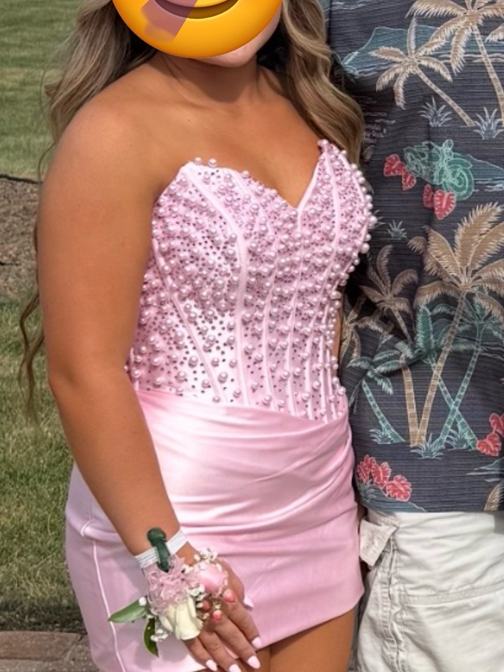 Pink Pearl-Embellished Strapless Mini Dress